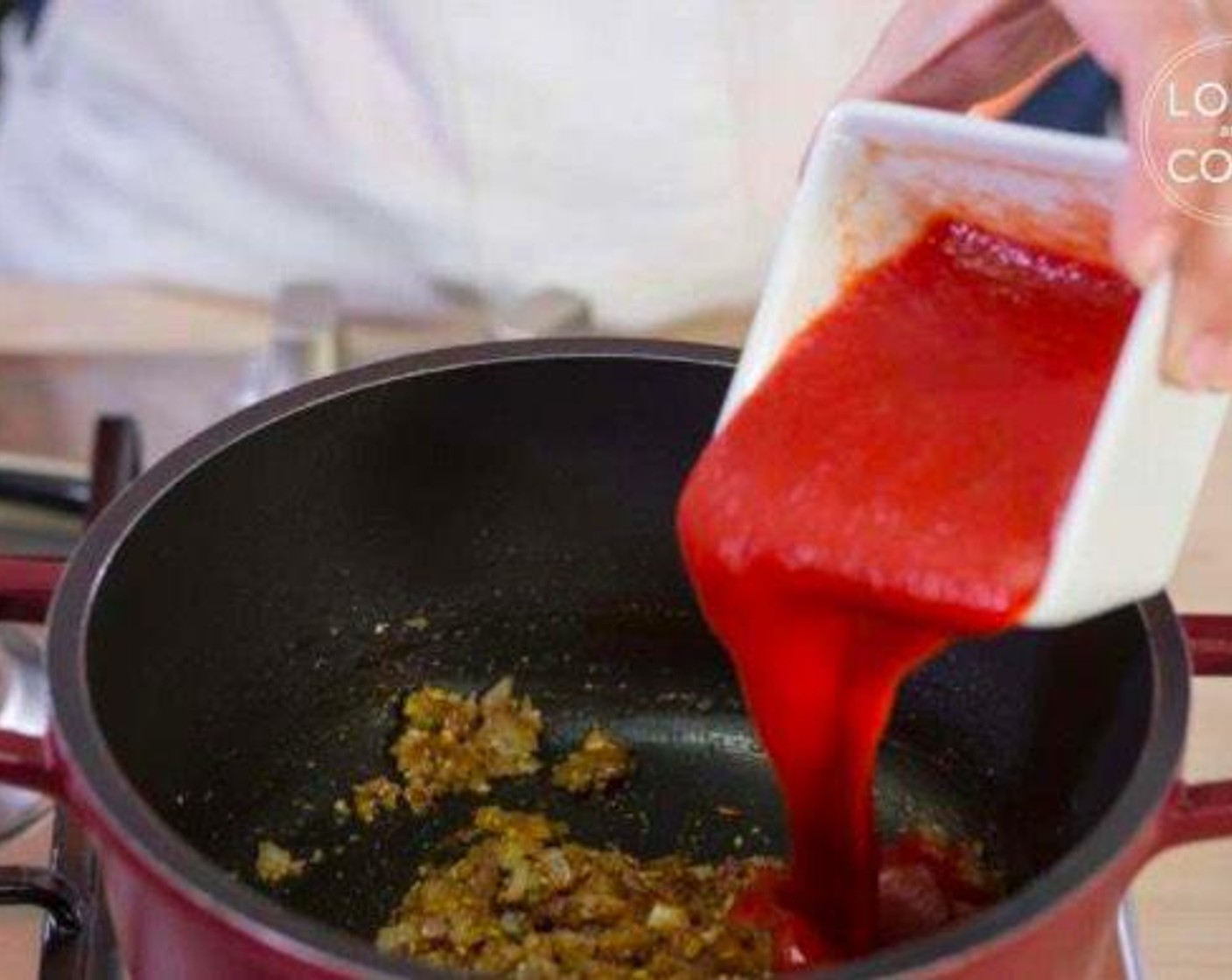 step 5 Add Canned Tomato Purée (1 cup) and let it simmer for 3 minutes or until oil begin to seperate