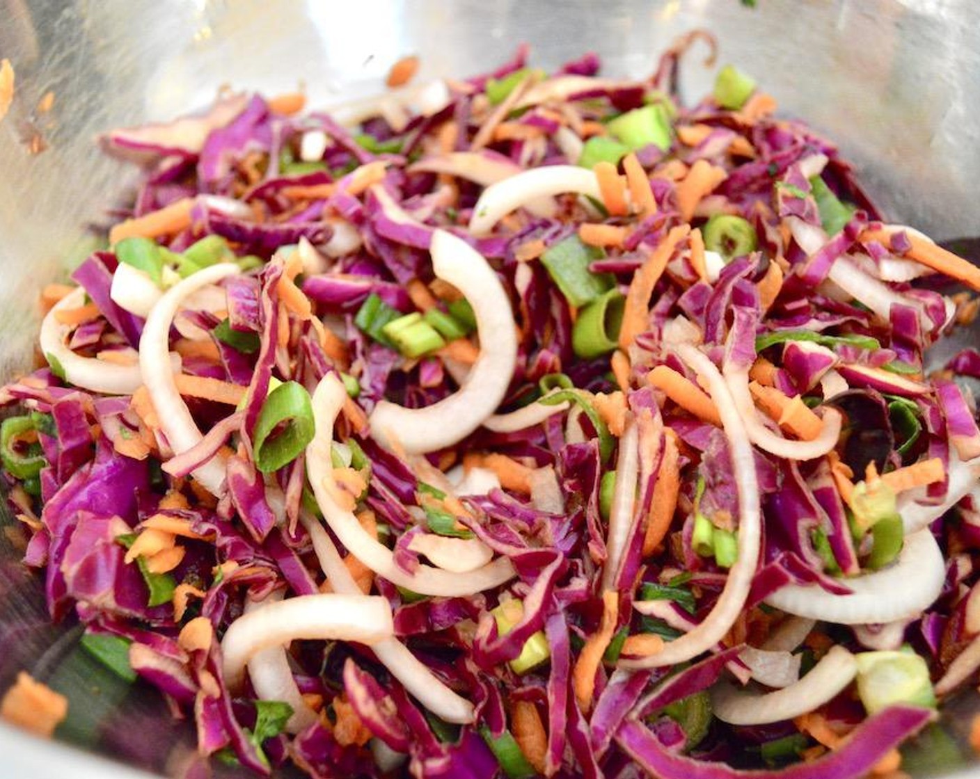 step 3 Mix the shredded Red Cabbage (2 3/4 cups), Onion (1), Carrot (1), Scallion (1 bunch), Fresh Cilantro (1 Tbsp), Rice Vinegar (2 Tbsp), Soy Sauce (1 Tbsp), and Pickle Juice (1 Tbsp) together thoroughly in a bowl.