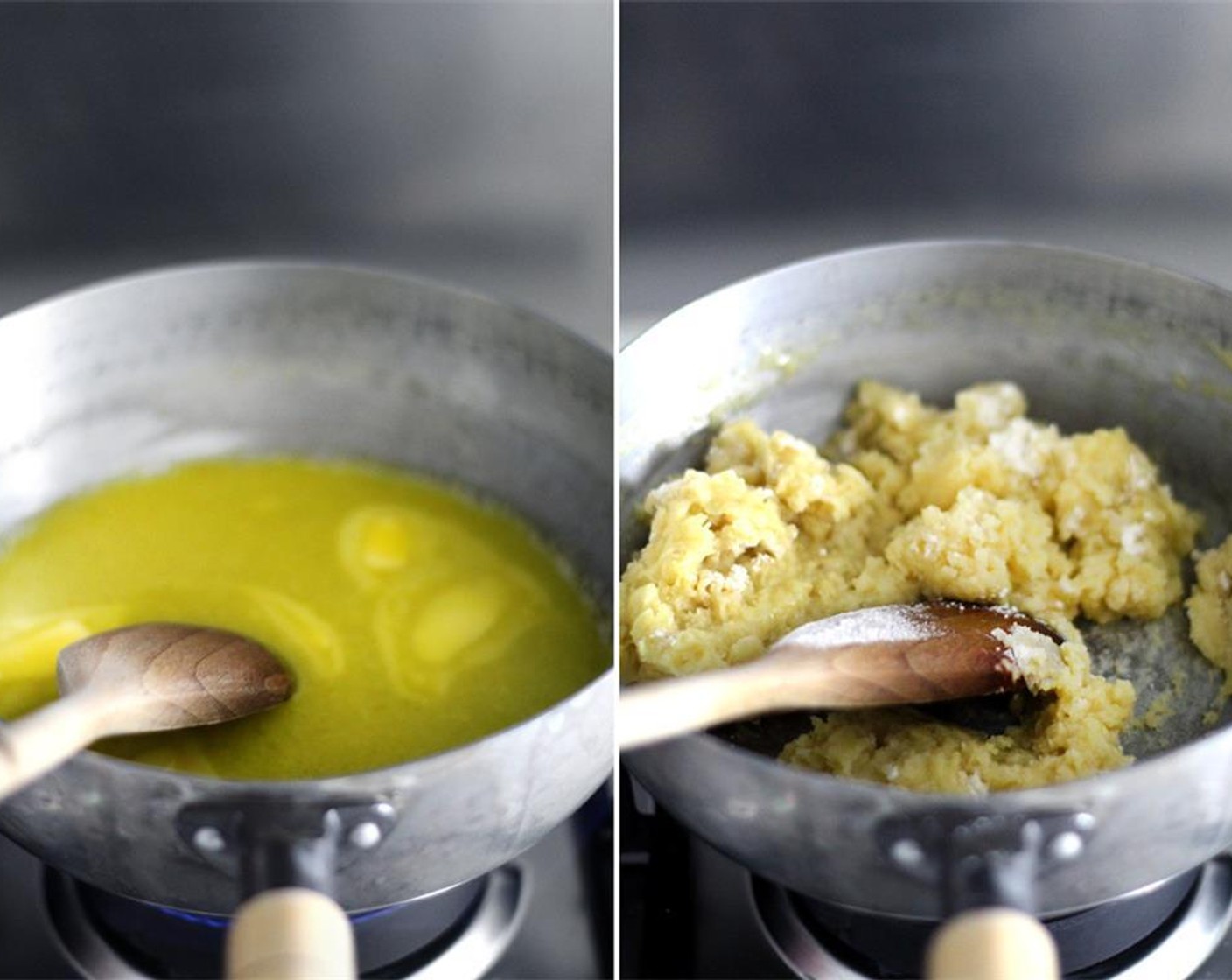 step 3 Once the butter has completely melted, add the All-Purpose Flour (1 cup) all at once, and stir with a wooden spoon until the mixture is even and comes into a glossy and smooth dough.