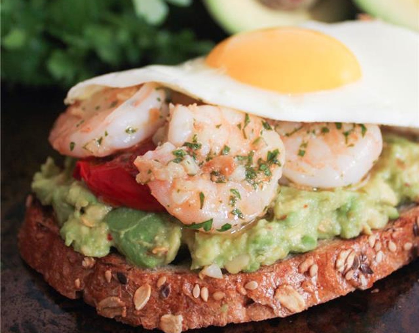 Avocado Toast with Charred Tomato & Garlic Shrimp