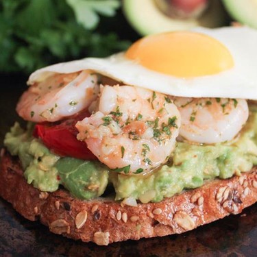 Avocado Toast with Charred Tomato & Garlic Shrimp Recipe | SideChef