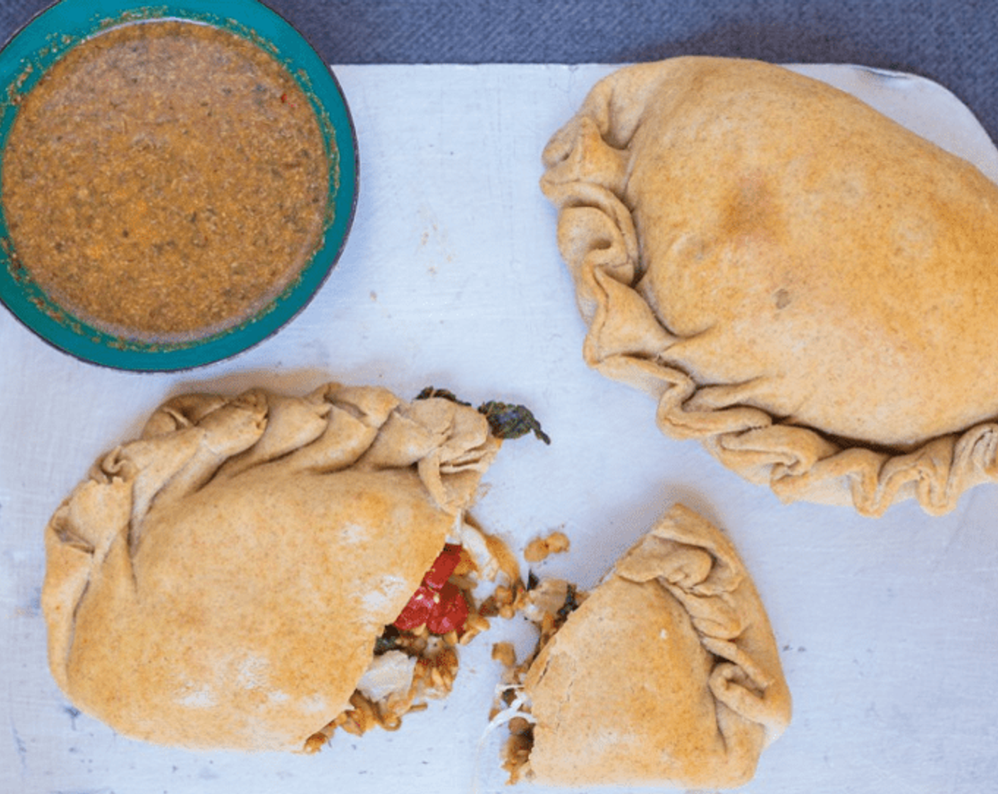Superfood Veggie Calzone with Spiced Dipping Sauce