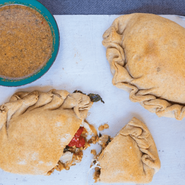 Superfood Veggie Calzone with Spiced Dipping Sauce Recipe | SideChef