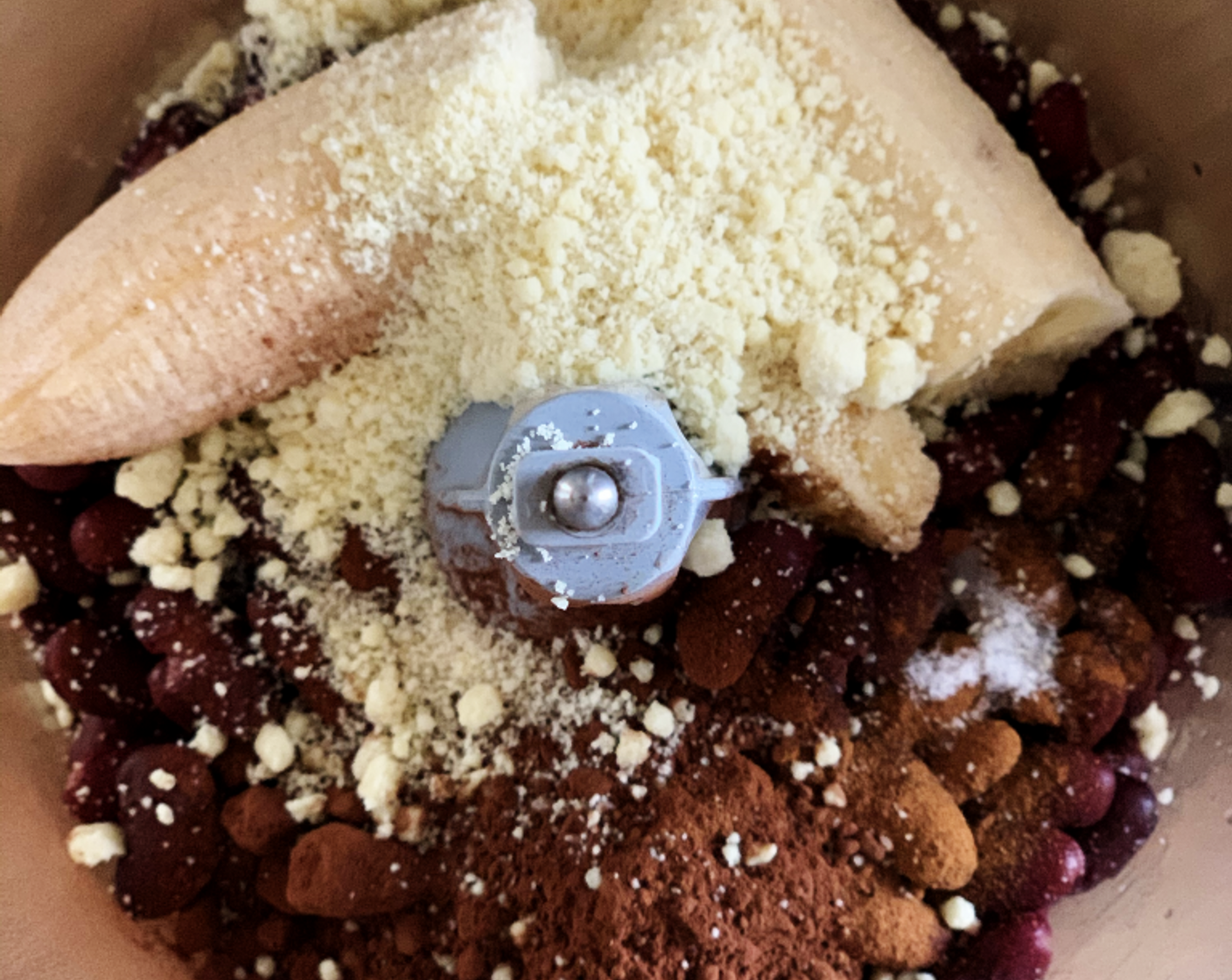 step 2 In a food processor combine the Dry Red Beans (1 cup), Banana (3/4 cup), Maple Syrup (3 Tbsp) if using, Almond Flour (1/4 cup), Coconut Flour (1 Tbsp), Unsweetened Cocoa Powder (3 1/2 Tbsp), Ground Cinnamon (1 dash), and Salt (1 pinch).