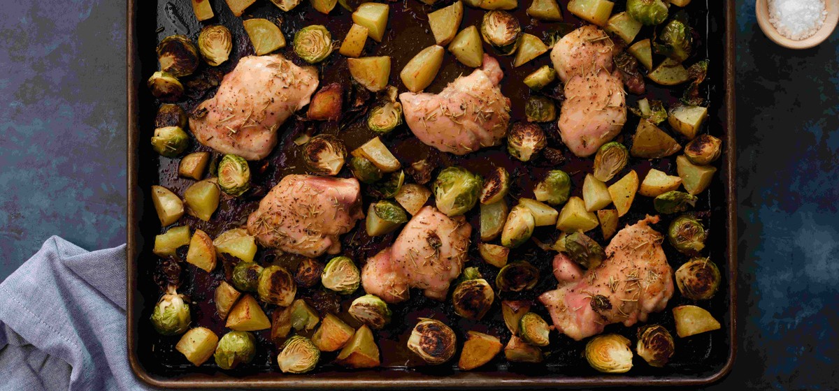 Sheet Pan MustardMaple Chicken Thighs with Potatoes and Brussels
