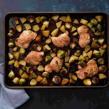 Sheet Pan Mustard-Maple Chicken Thighs with Potatoes and Brussels Sprouts Recipe | SideChef
