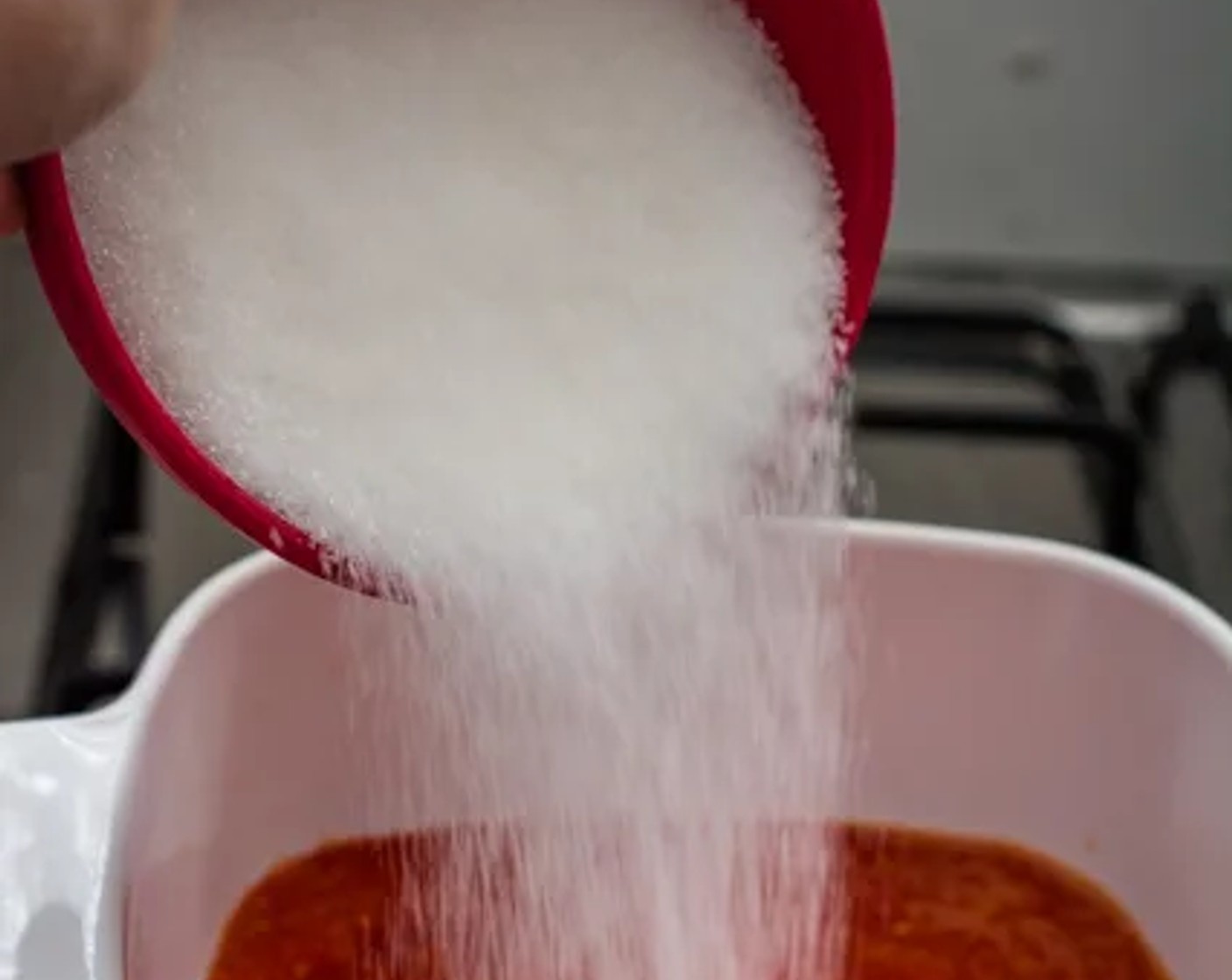 step 2 Transfer the chili mix to a small pot. Add Sugar (1 cup) and Salt (1/2 tsp) and bring to a rolling boil, then let it simmer over low heat for about 5 minutes.