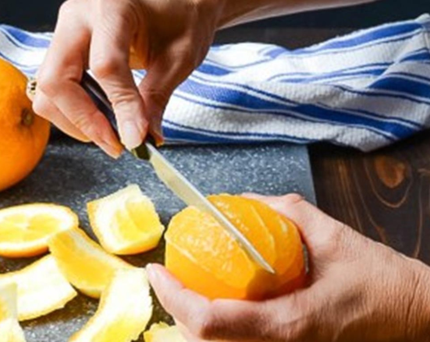 step 2 Segment the Orange (1). Using a sharp knife cut away the peel and pith of the orange exposing the juicy segments. Cut in between the membrane of each of the orange segments and transfer the segments to a small bowl. Set aside.