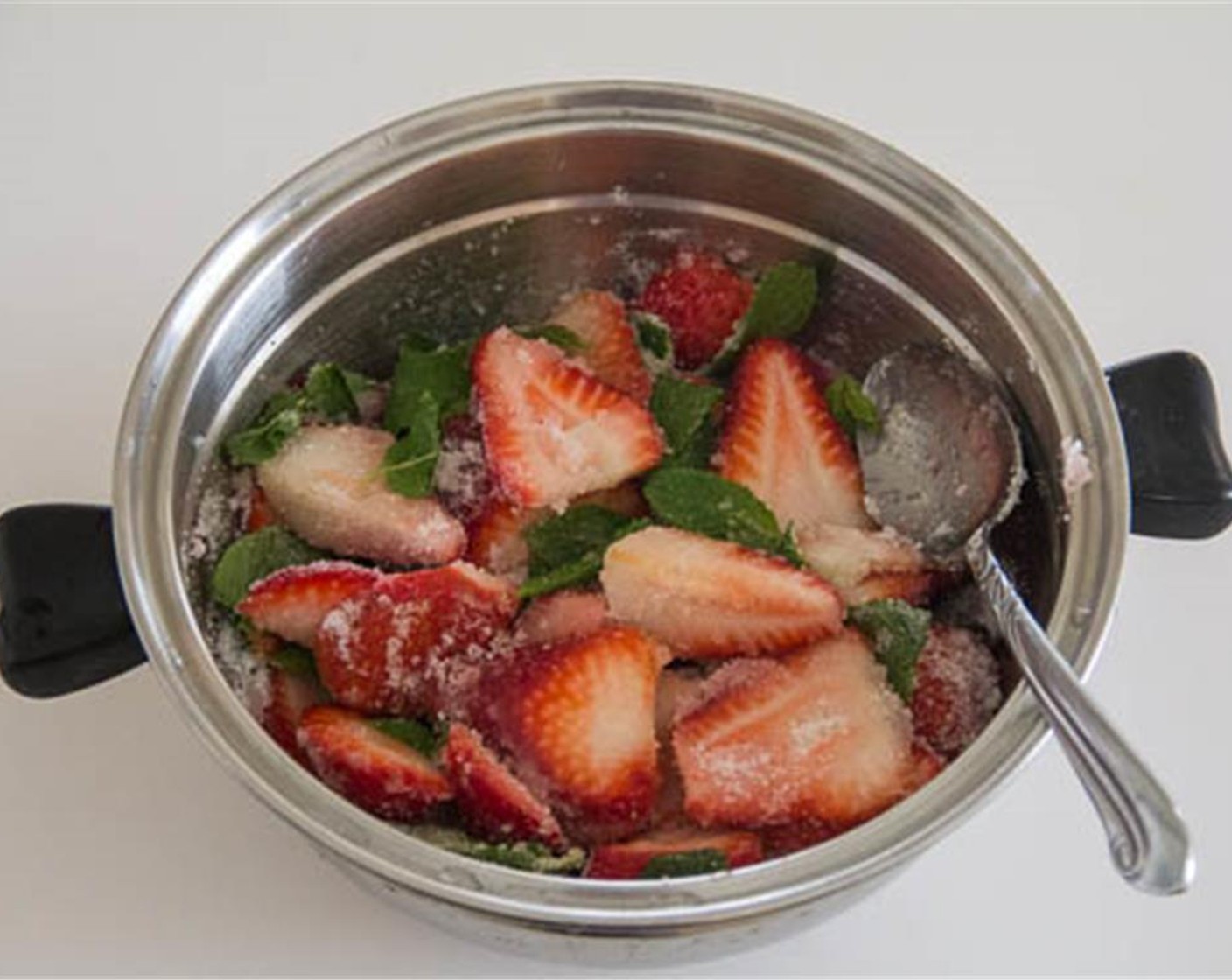 step 1 In a medium bowl, mash Fresh Strawberries (3 cups), Fresh Mint (8 sprigs), and Granulated Sugar (1/2 cup) with a muddler. A potato masher will work too. Set aside to macerate for 15-30 minutes.