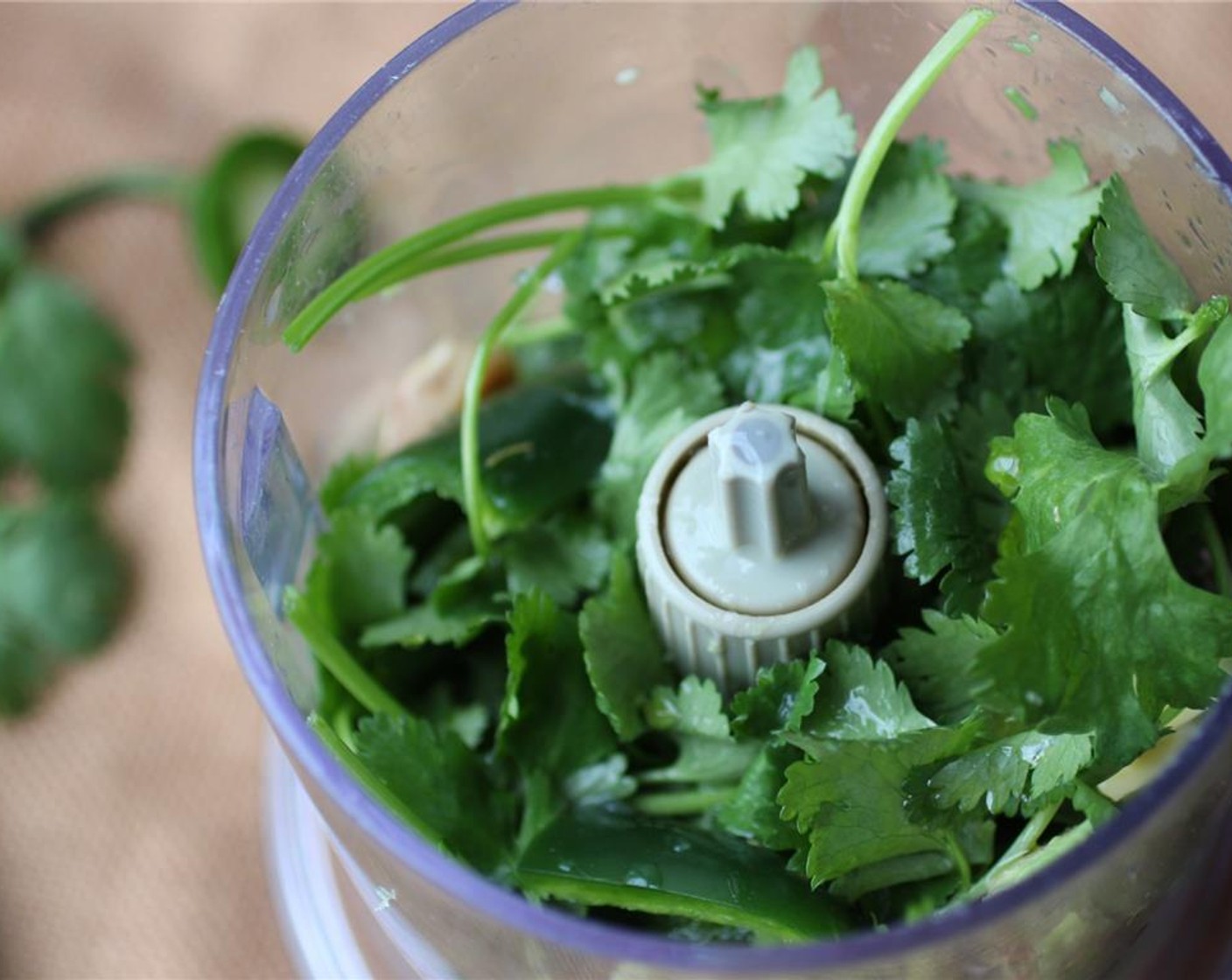 step 2 Add the Avocado (1/2), Fresh Cilantro (1 cup), juice of a Lime (1), Olive Oil (1 Tbsp), Water (3 Tbsp), roasted Garlic (1 clove), and deseeded jalapeño pepper. Process until smooth.