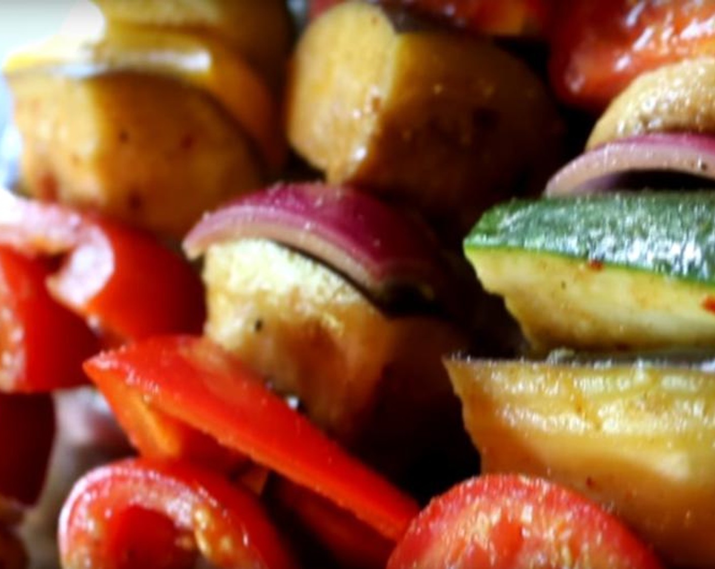 step 5 Take the vegetables from the refrigerator. Put the vegetable pieces on the skewers.