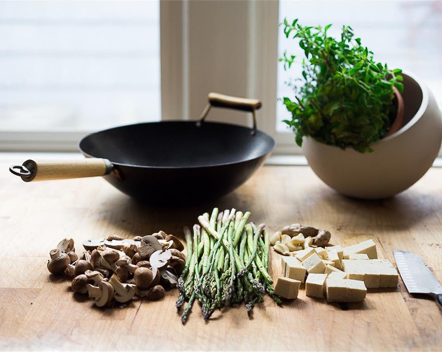 step 1 Slice the Mushrooms (2 1/4 cups). Bend off the tough ends of the Asparagus (3 cups) -  they will naturally break off where they are tender. Cut into 2-inch pieces. Chop Garlic (3 Tbsp). Peel and chop Fresh Ginger (1 Tbsp).