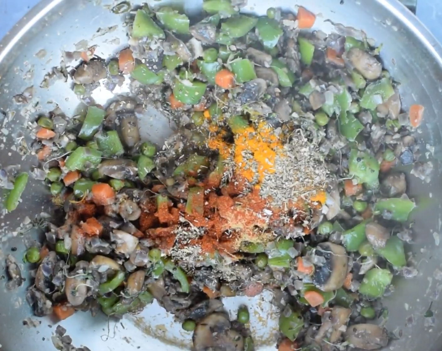step 7 Then add the dry spices like Ground Turmeric (1 tsp), Ground Cumin (2 tsp), Garam Masala (1 tsp), Paprika (2 tsp), Dried Oregano (1 tsp), and Crushed Red Pepper Flakes (1 tsp).