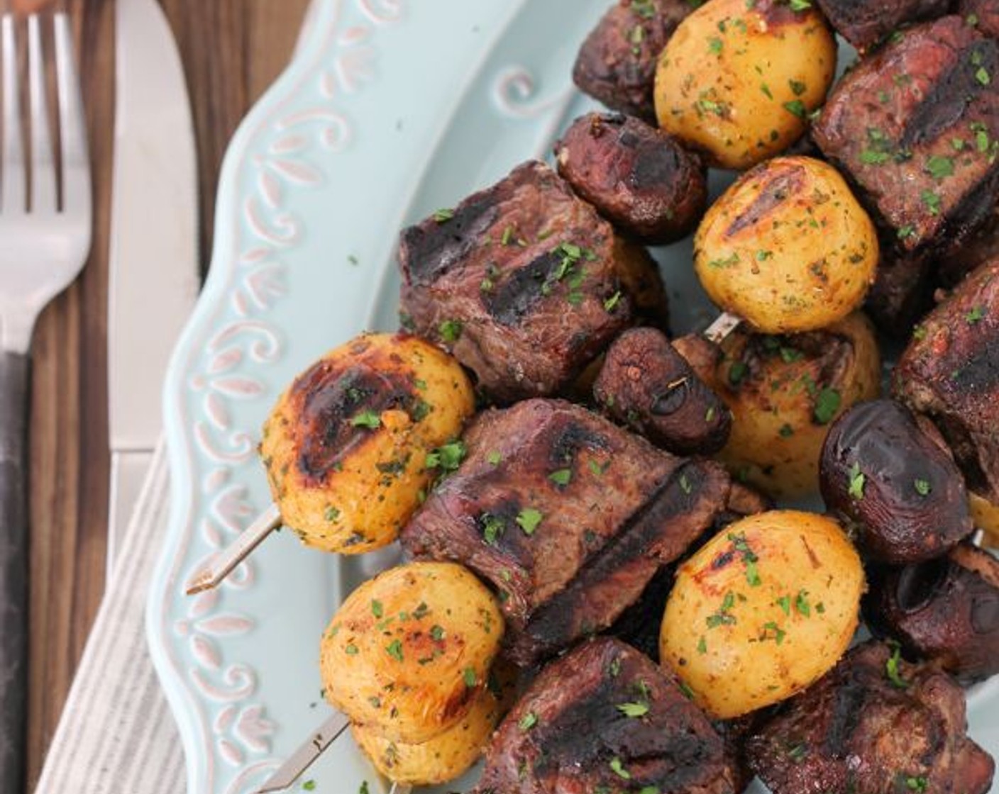 Steak, Mushroom and Potato Kebabs