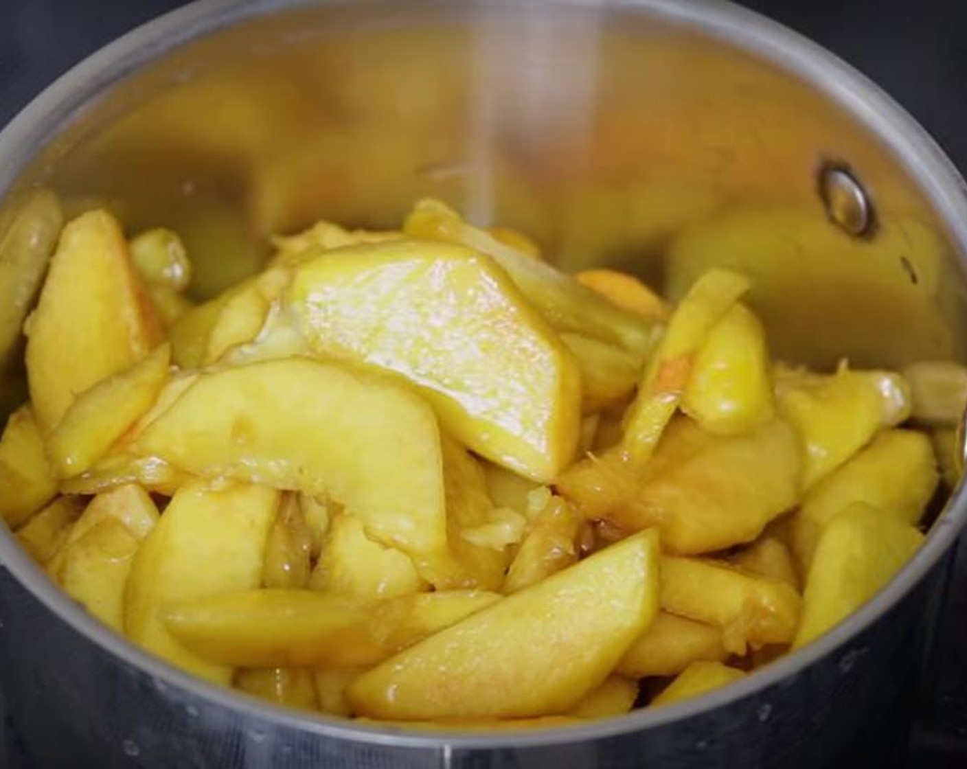 step 2 In a saucepan over medium heat, add Peaches (12 cups), Caster Sugar (1/2 cup), Simply Organic Cinnamon, Ground (1/2 tsp), and juice from Lemon (1), stir to combine and bring to a boil. Cook for few minutes until the peaches soften a little bit. Set aside.