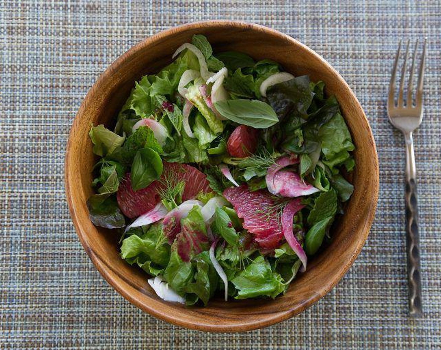 step 2 Toss the Red Leaf Lettuce (8 cups) and Fennel Bulb (1) with the dressing. Top with Grapefruit (1), Fresh Mint Leaves (1 handful), and Fresh Basil Leaf (1 handful). Serve and enjoy!