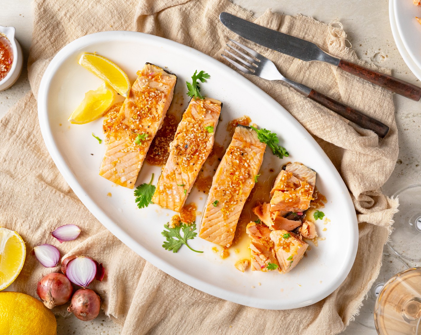 step 7 Garnish with torn Fresh Cilantro Leaf (1/2 cup) for added freshness and flavor. Serve the salmon with Lemon Sesame Sauce immediately, and enjoy it with your favorite side dishes.