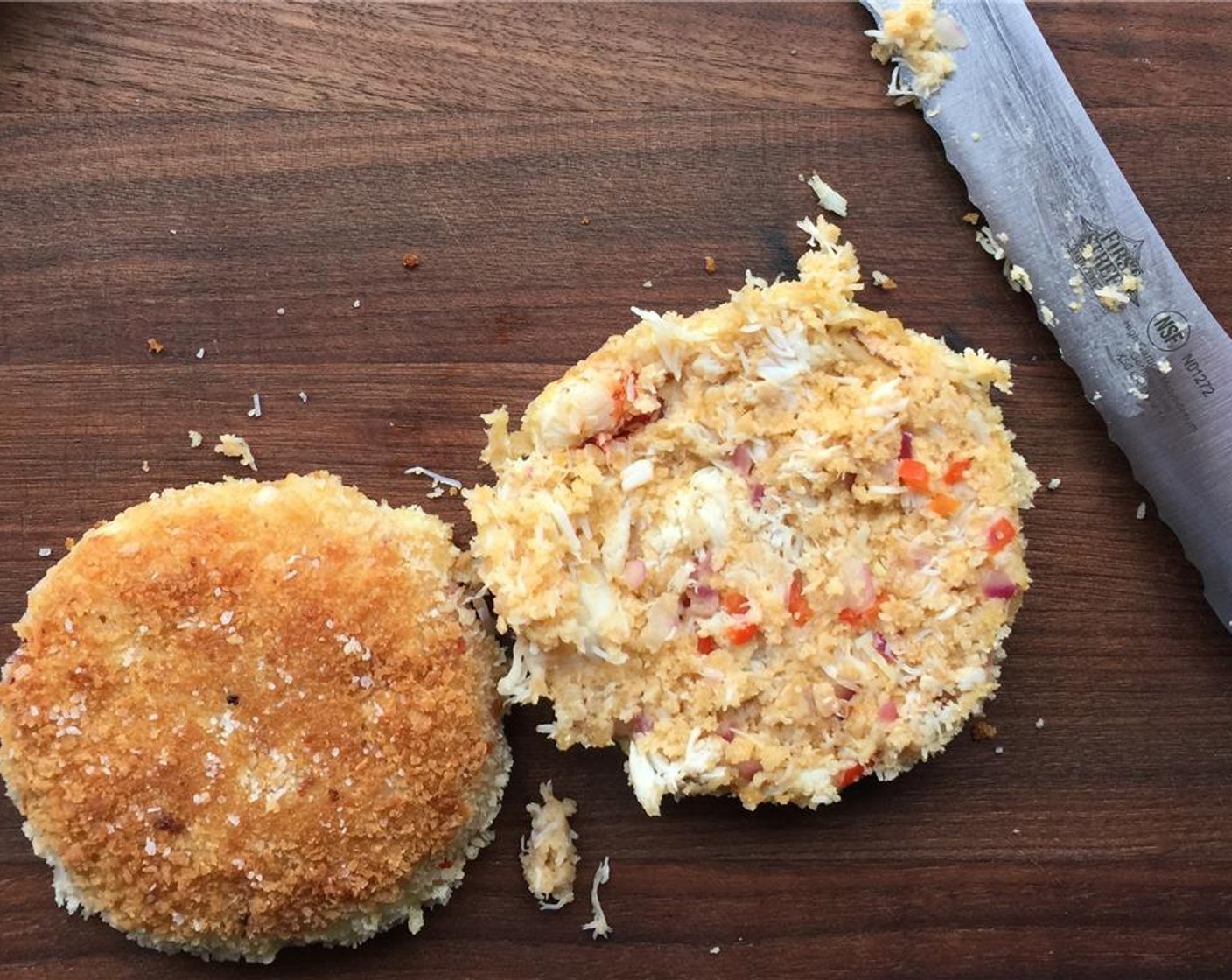 step 12 Slice the crab cake in half.