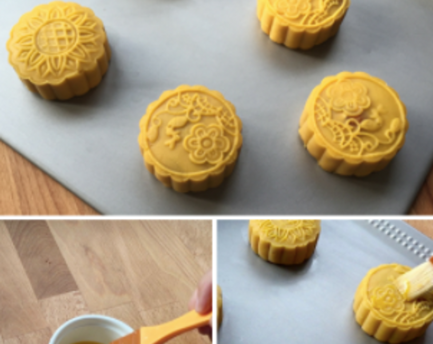 step 11 Repeat the same with the rest of the wrapped lotus paste balls. Then arrange the mooncakes onto a baking tray. Lightly wash with Eggland's Best Classic Egg (1) on the surface of each mooncake.