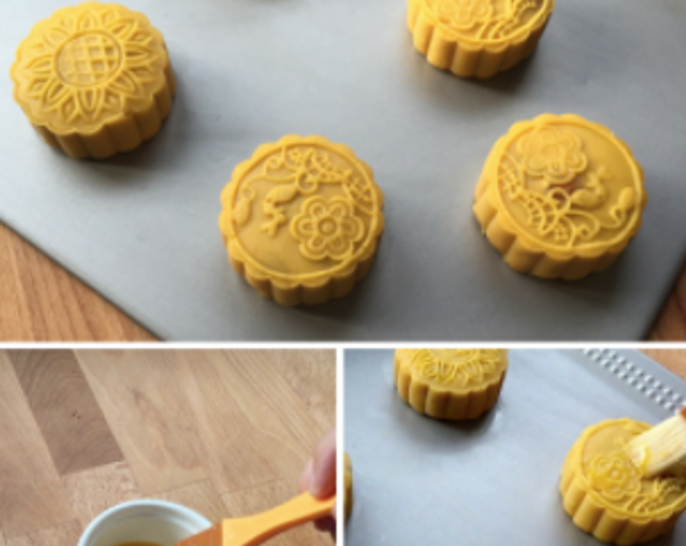 step 11 Repeat the same with the rest of the wrapped lotus paste balls. Then arrange the mooncakes onto a baking tray. Lightly wash with Egg (1) on the surface of each mooncake.