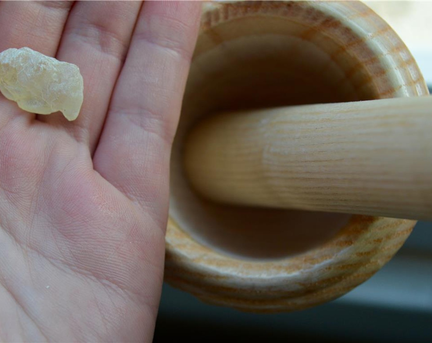 step 2 Use a mortar and pestle to grind the Mastic (1 piece) with Granulated Sugar (1 tsp) until it is broken down into fine pieces.