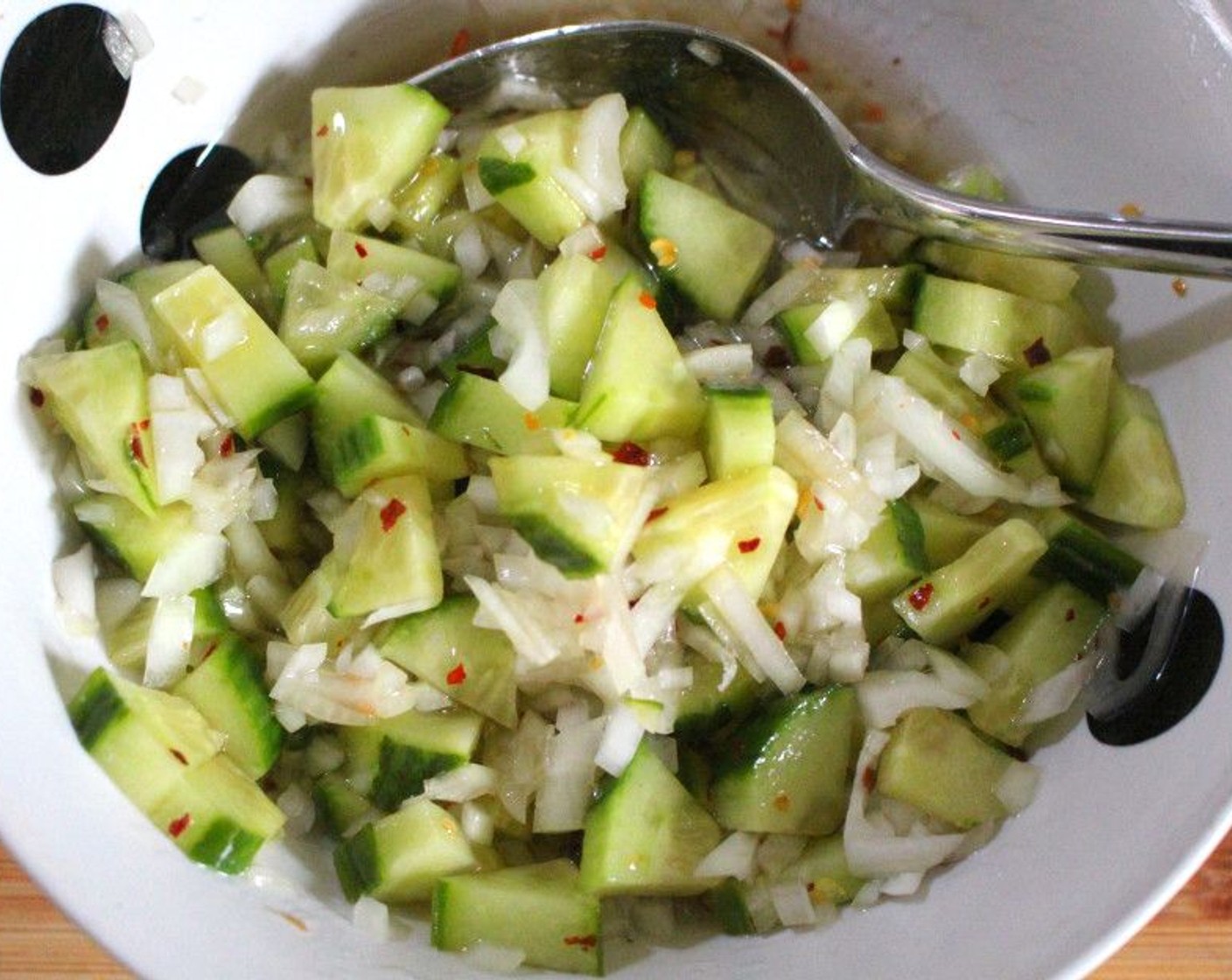 step 3 For the salsa, mix Cucumber (1/2 cup), Onion (1 Tbsp), Fresh Cilantro (1 Tbsp), Crushed Red Pepper Flakes (to taste), Garlic Paste (to taste), Kosher Salt (to taste), and Lemon Juice (to taste).