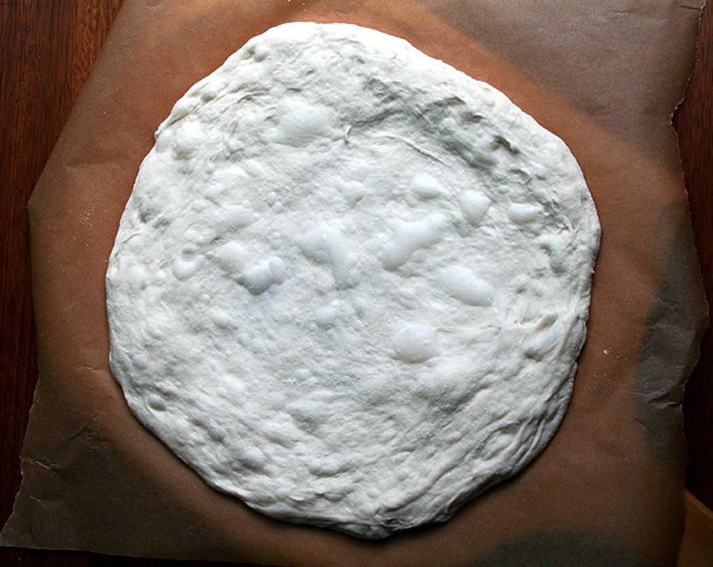 step 8 Gently shape dough into a 10–12 inch disk handling it as minimally as possible. Transfer dough disk to parchment-lined peel.