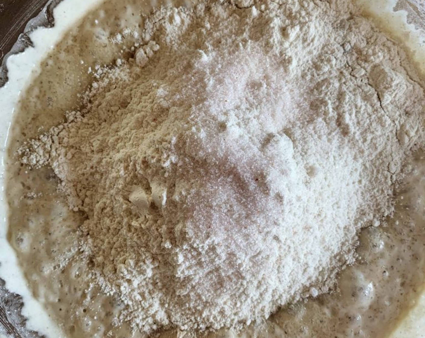 step 3 Add the remaining Type 0 Flour (1 cup), Granulated Sugar (1 tsp), and Fresh Yeast (1/8 tsp). Using a fork, stir all the ingredients together.
