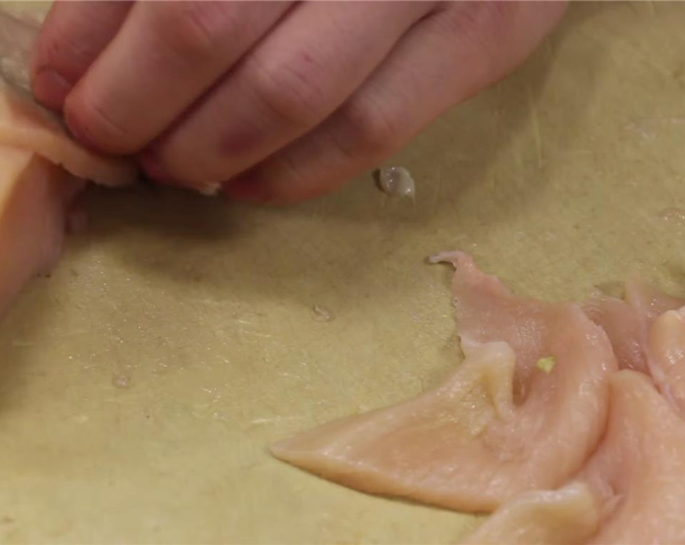 step 4 Cut Chicken Breast (1 lb) into thin slices. First, cut the chicken in halves and then slice the halves at a 45 degree angle from the thinnest part to the thickest part. Each slice should be about 1/8-inch thick.