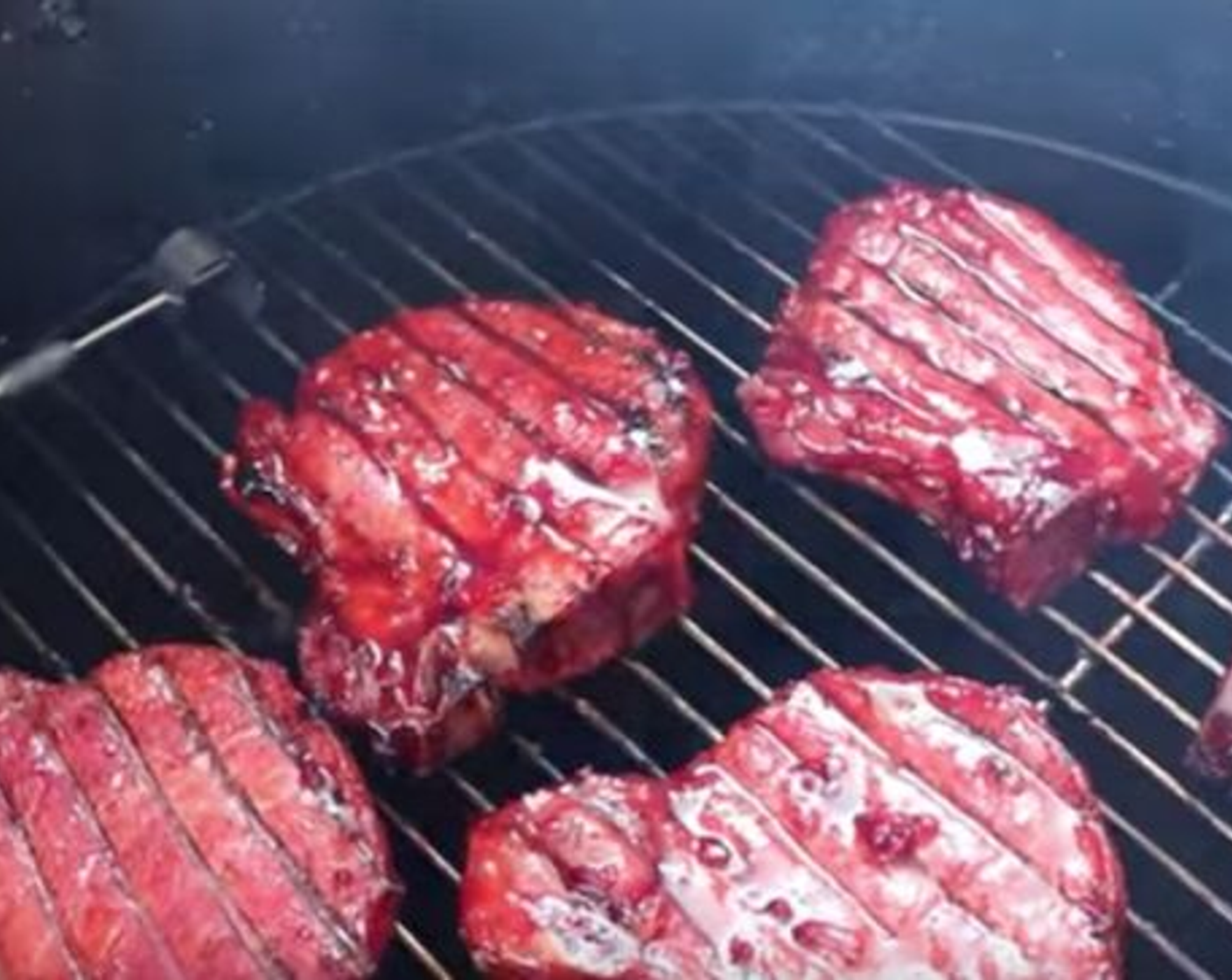 step 5 Combine the reserved 1/2 cup of marinade with Honey (4 Tbsp) and brush over chops.  Flip the chops every 5-10 minutes and continue to brush with marinade. The Char Siu chops are done when the outside is charred and the internal temperature reaches 150-155 degrees F (65-68 degrees C).