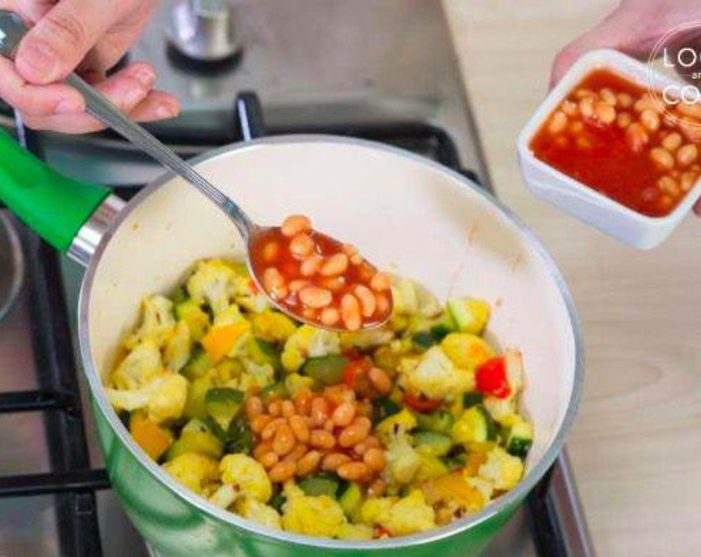 step 6 Add Beans in Tomato Sauce (3 Tbsp) to the vegetable mixture for 1 minute.