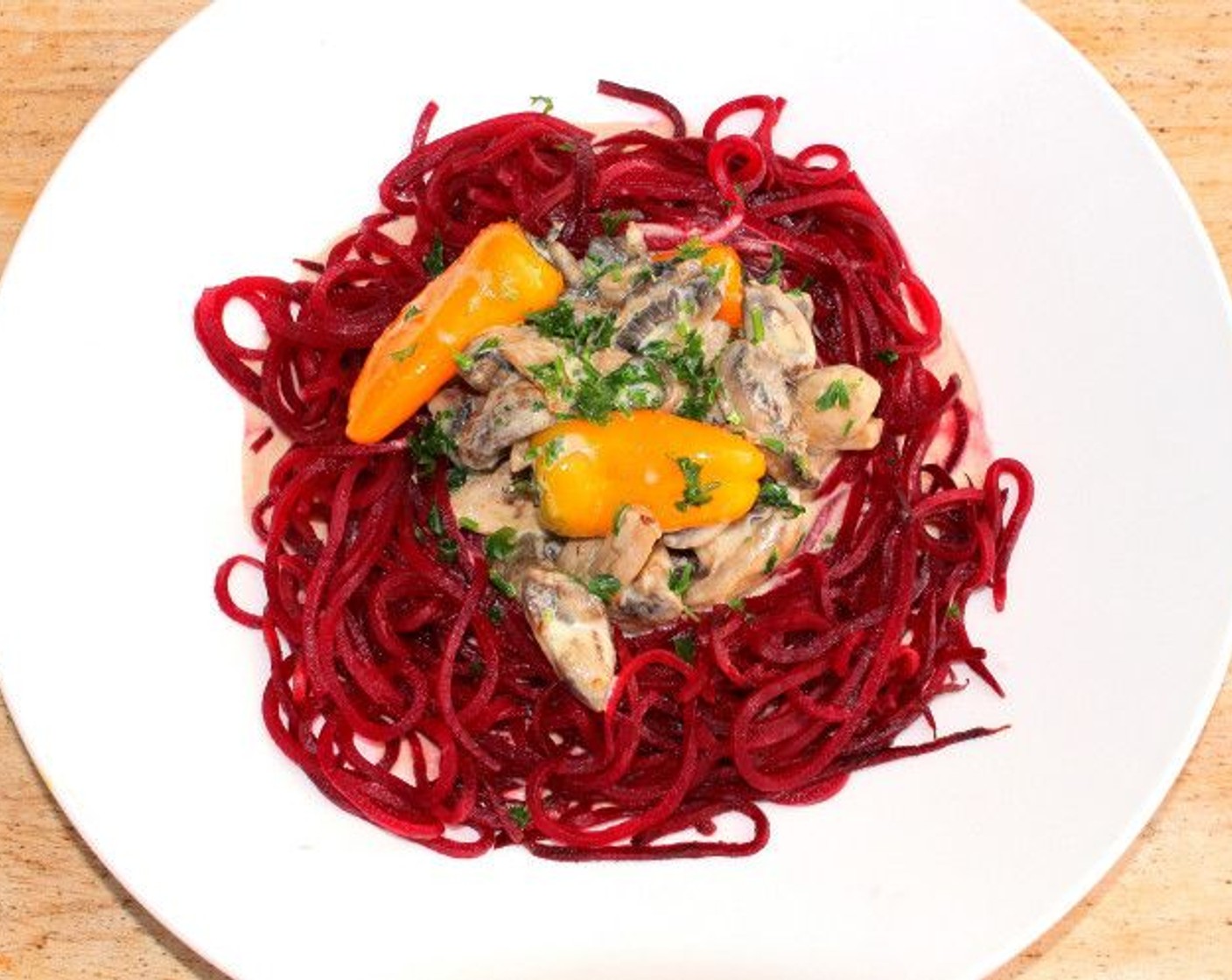 Red Beet "Pasta" with Mushroom Cream