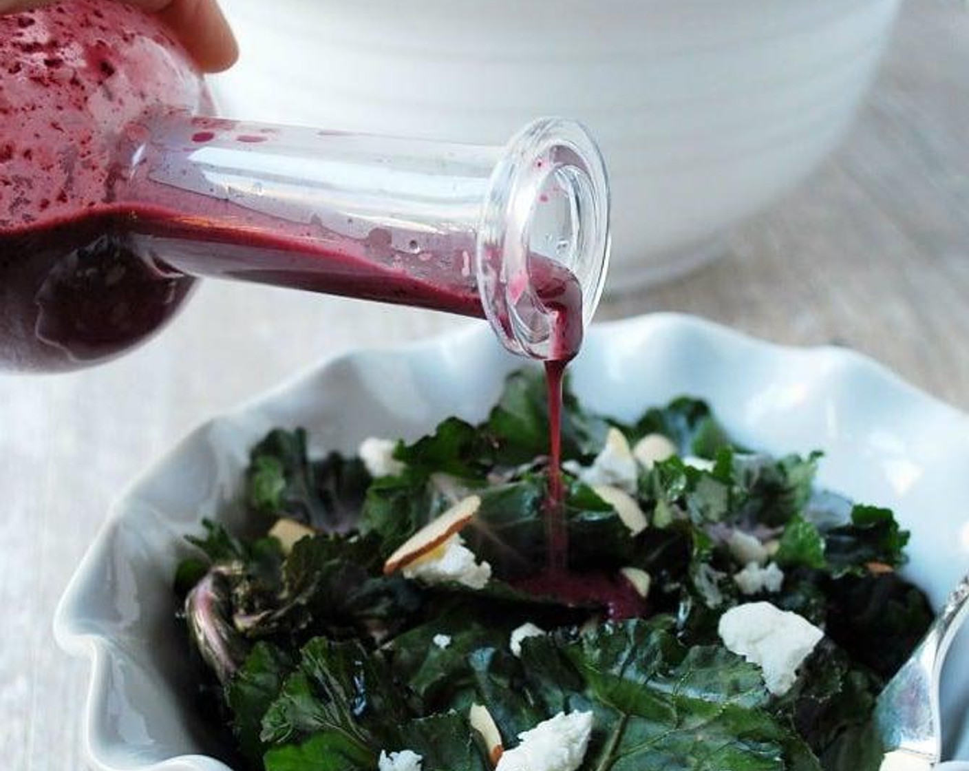 step 2 Thaw the Frozen Blueberries (1/2 cup). Once thawed pour blueberries, Extra-Virgin Olive Oil (4 Tbsp), Balsamic Vinegar (2 Tbsp), Apple Cider Vinegar (2 Tbsp), Raw Sugar (1 1/3 Tbsp) and juice from the Lemon (1/8) into a blender.