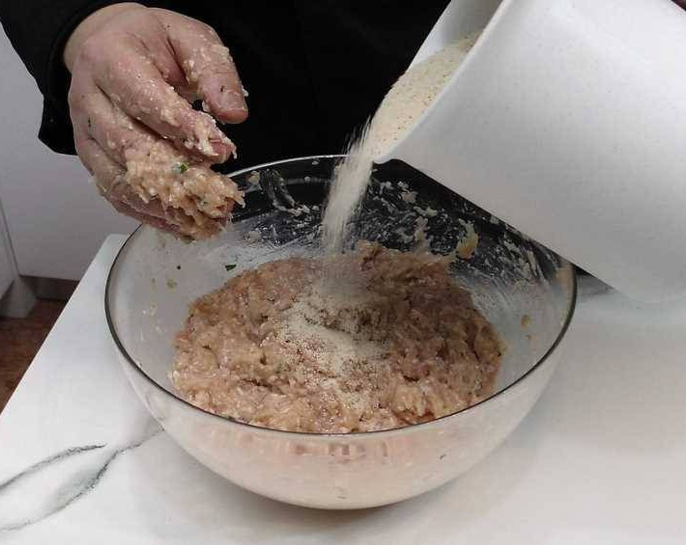 step 2 Once combined add around half a cup of Breadcrumbs (to taste) a little bit at a time to absorb the excess moisture. You don't want it to stick to your hands. Be careful not to add too much as then the burger will end up too dry.