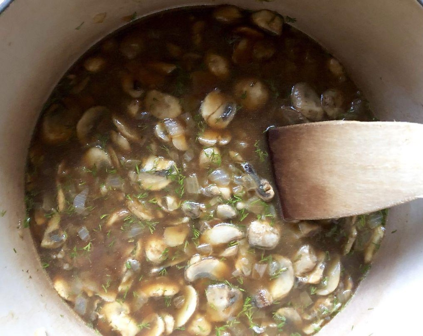 step 2 Add Button Mushrooms (5 cups) and sauté for 5 more minutes. Stir in the Fresh Dill (1 Tbsp), Hungarian Paprika (1 Tbsp), Low-Sodium Soy Sauce (1 Tbsp), and Chicken Broth (2 cups). Reduce heat to low, cover, and simmer for 15 minutes.
