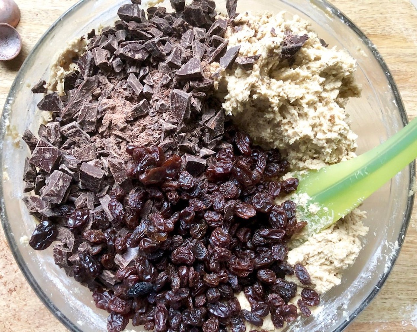 step 6 Add the Bittersweet Chocolate (2 3/4 cups) along with the Sun-Maid Raisins (3/4 cup). Continue stirring until the dough is well mixed.