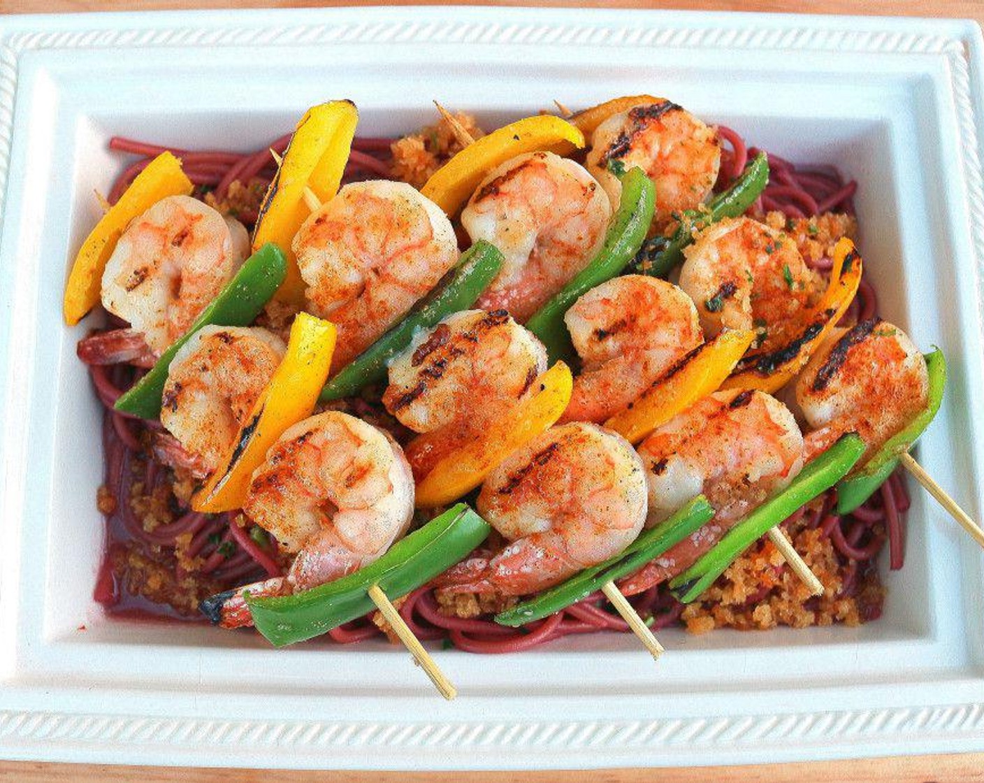 Grilled Shrimp and Peppers-Brochette with Red Wine-Bucatini and Pangrattato