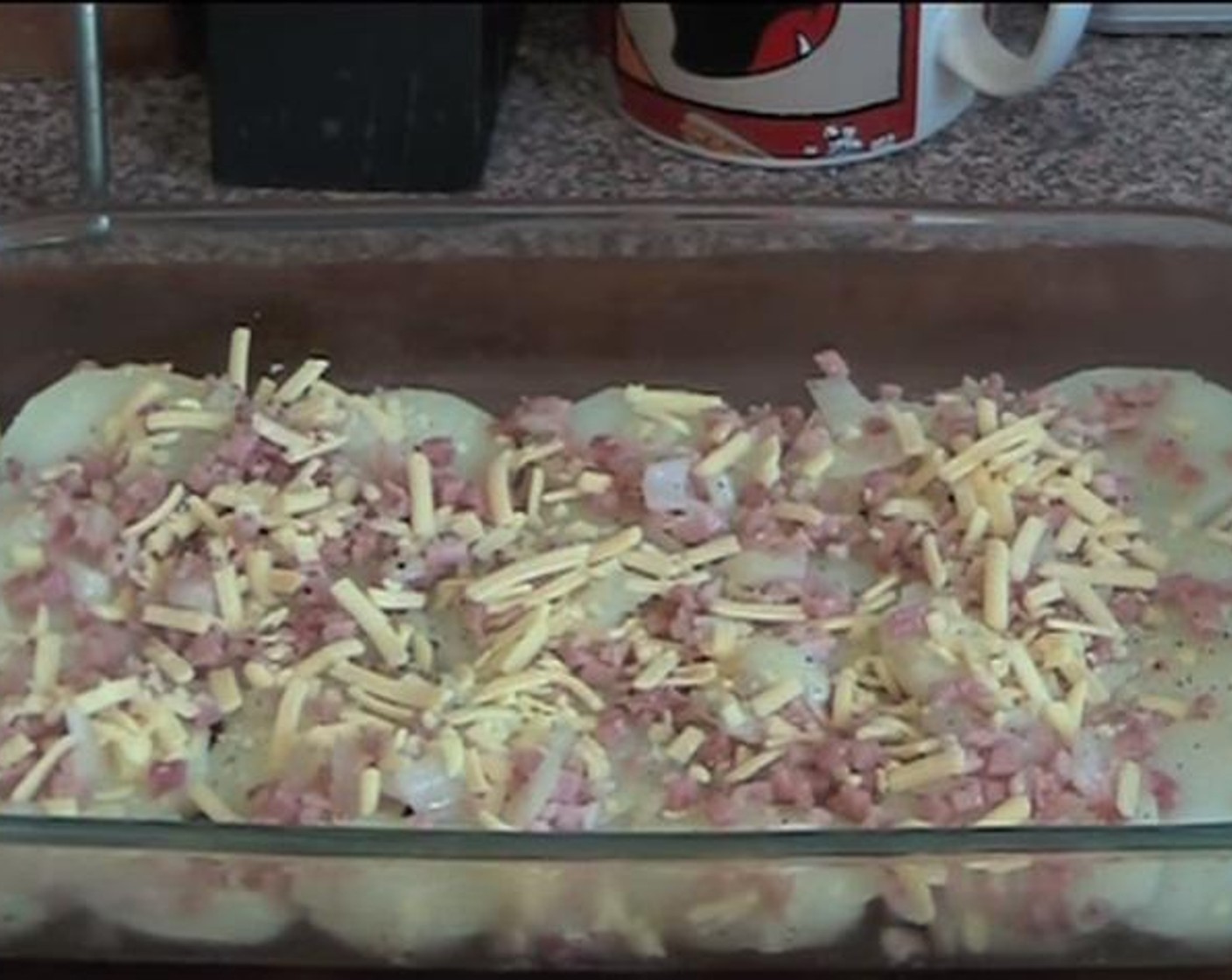 step 4 Cut your potatoes into slices. Inside a baking dish, layer up your potatoes topped with the bacon mixture and the Cheese (6 1/4 cups). Season with Salt (to taste) and Ground Black Pepper (to taste).
