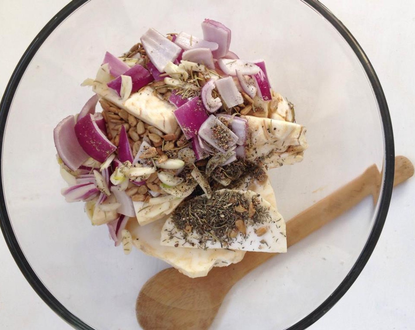 step 5 Place everything in a bowl with Sunflower Seeds (4 Tbsp), Dried Rosemary (1 tsp), Dried Thyme (1 tsp), and Salt (to taste) and Ground Black Pepper (to taste). Then add the Olive Oil (4 Tbsp) and toss everything so it is evenly coated.