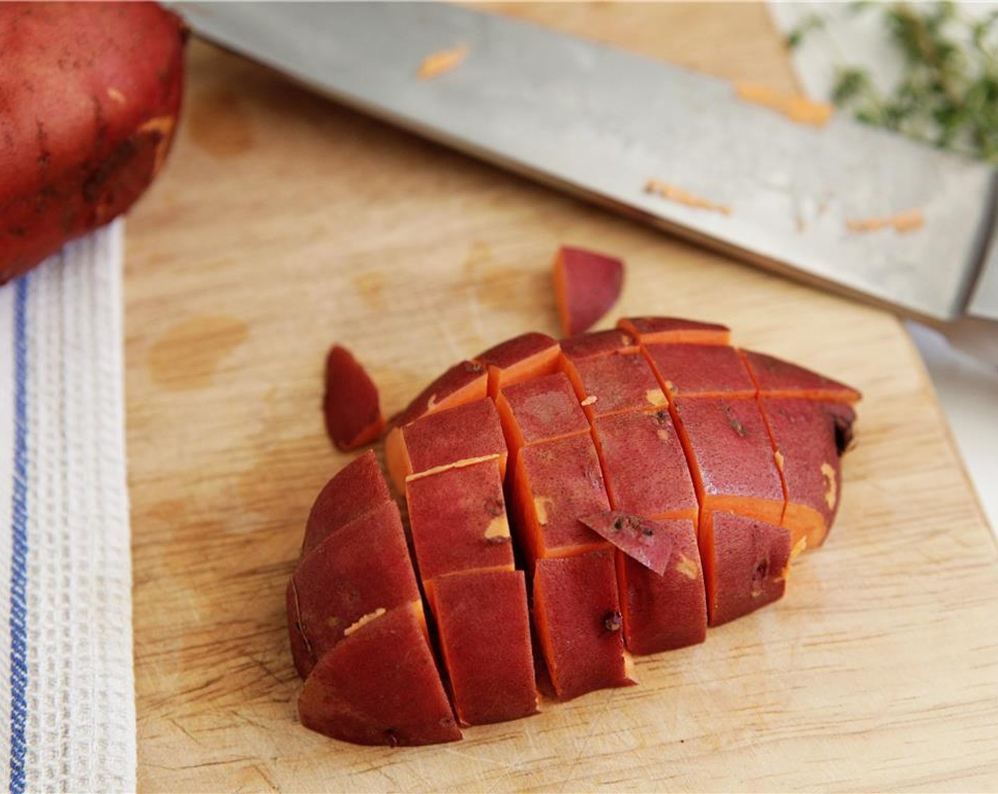 step 3 Preheat oven to 400 degrees F (200 degrees C) with an empty baking or roasting pan inside. Wash, peel and dice the Sweet Potatoes (10 oz) and Radish (1 bunch). Place them both in a medium bowl.