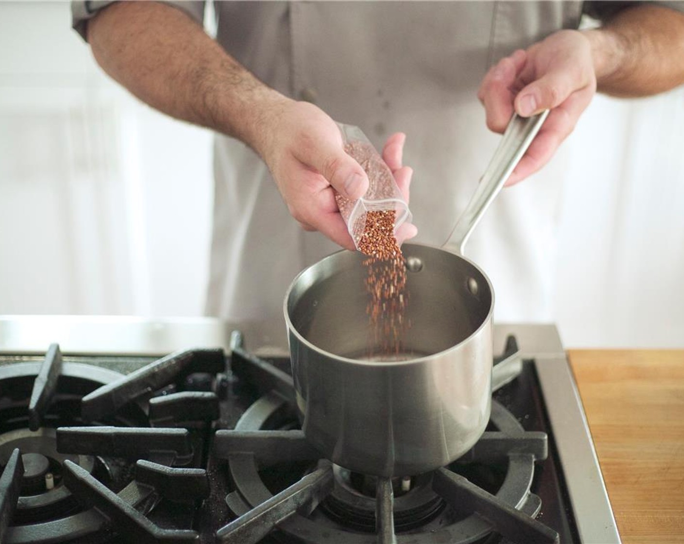 step 2 Combine the Red Quinoa (2/3 cup) with one cup of water and Salt (1/2 tsp) in a small saucepan over high heat.