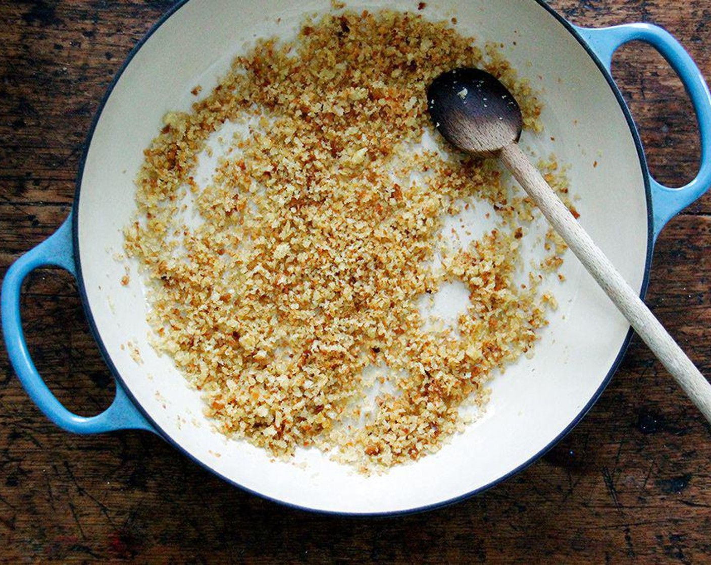 step 3 Cook, stirring occasionally, until crumbs are golden brown. This could take 5 to 15 minutes or longer depending on your heat level. If you have the time, go slowly to prevent burning. When the crumbs are nice and golden, turn off the heat. Let cool briefly. Taste. Add more salt if necessary.