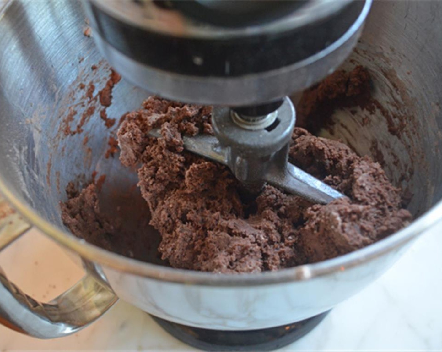 step 5 Add the dry ingredients and Semi-Sweet Chocolate Chips (1 cup) and stir on low speed until just combined.