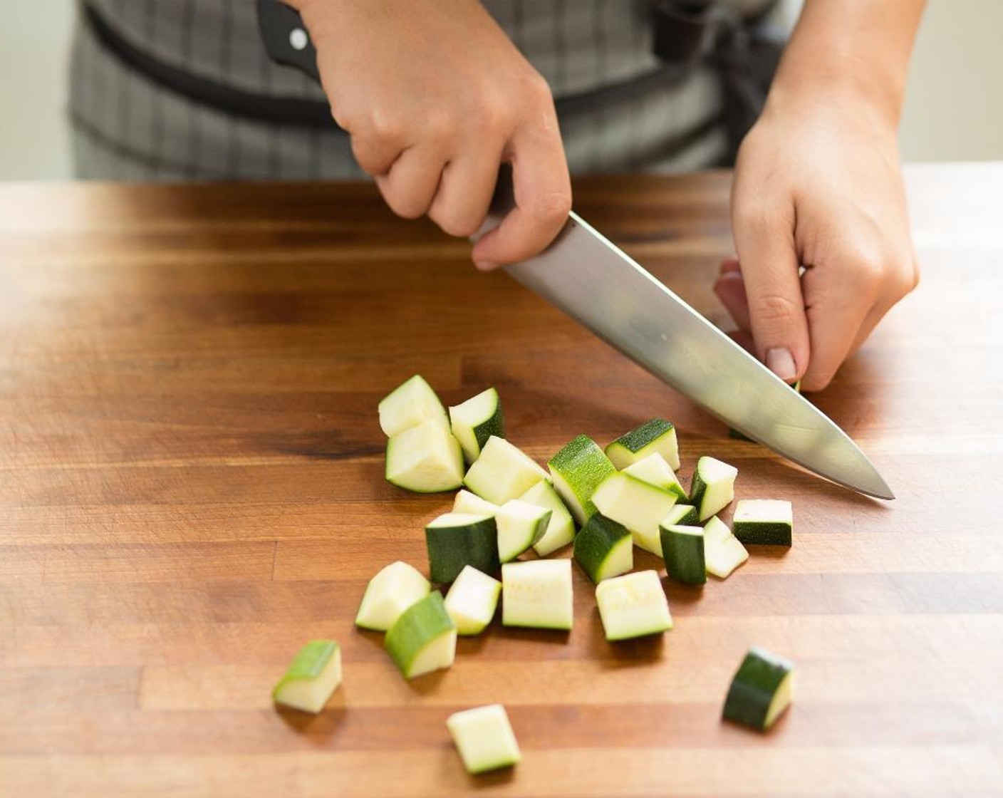 step 6 Remove the stem, pith and seeds from the Red Bell Pepper (1); pith and seeds from the red bell pepper and cut into 1/4 inch dice; set aside. Cut the Zucchini (1) into 1/4 inch dice and set aside.