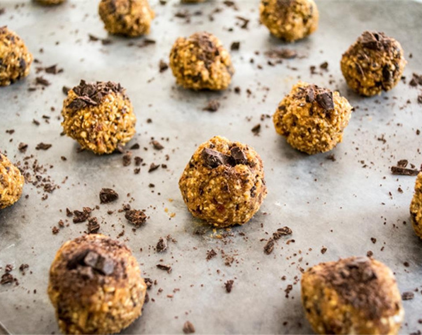 step 6 Roll mixture into small balls, approximately 32 to 34 depending on size, and place on lined pan, top with reserved chopped dark chocolate.