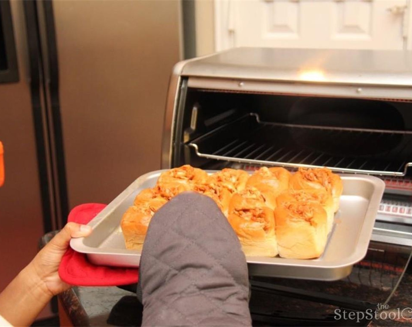 step 6 Place in toaster oven or regular oven at 350 degrees F (180 degrees C) for approximately 5 minutes or until warm.