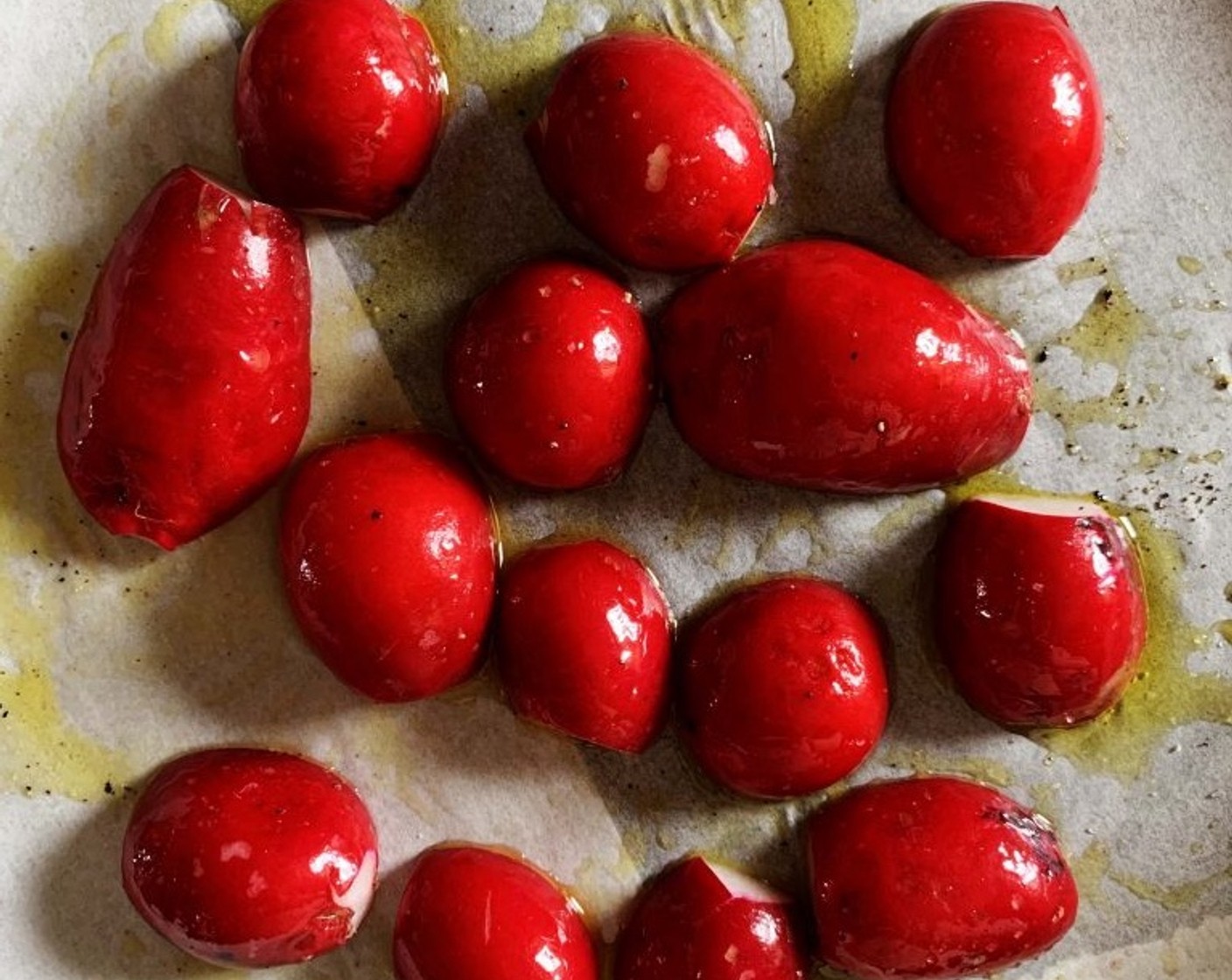 step 3 Next season with Salt (to taste), Ground Black Pepper (to taste), and sprinkle with Extra-Virgin Olive Oil (as needed). Use your hands to toss everything together until radishes are well-coated in oil and seasoning.