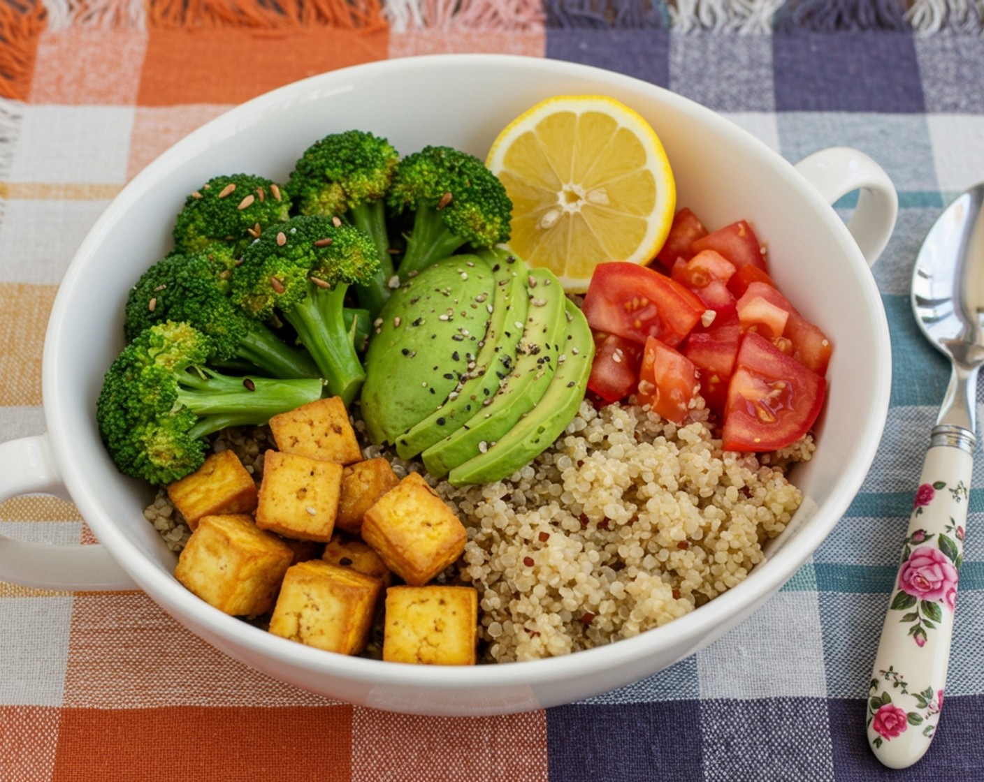 step 8 Place quinoa in a bowl and toss with Olive Oil (1 tsp), Lemons (to taste) and Salt (to taste). Top with tofu, brocolli, sliced Avocados (2) and chopped Tomatoes (2) for garnish. Serve.