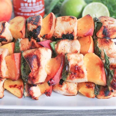 Sriracha Chicken Skewers with Peaches and Basil Recipe | SideChef