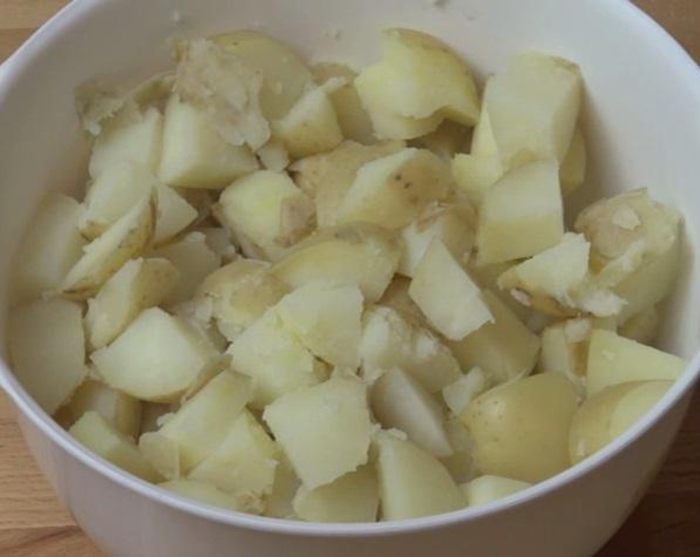 step 1 Chop your Potatoes (2.2 lb) down into small chunks. Transfer the chunks to a mixing bowl, and put in the fridge for about half an hour.